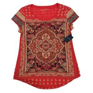 Lucky Brand Red Paisley Mandala Print Short Sleeve Womens T-Shirt M, NWT.